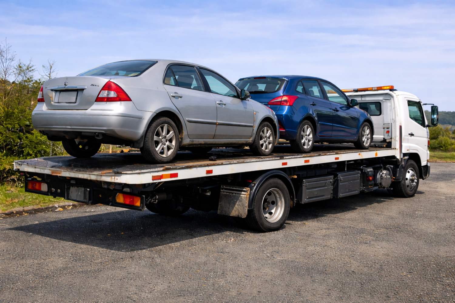 Cash For Cars Ashburton tow truck loaded with two unwanted cars for free removal in Mid Canterbury